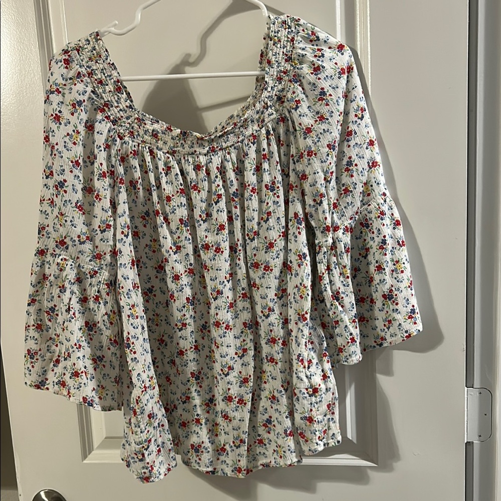 Chaps White Floral Blouse with Red and Blue Accents